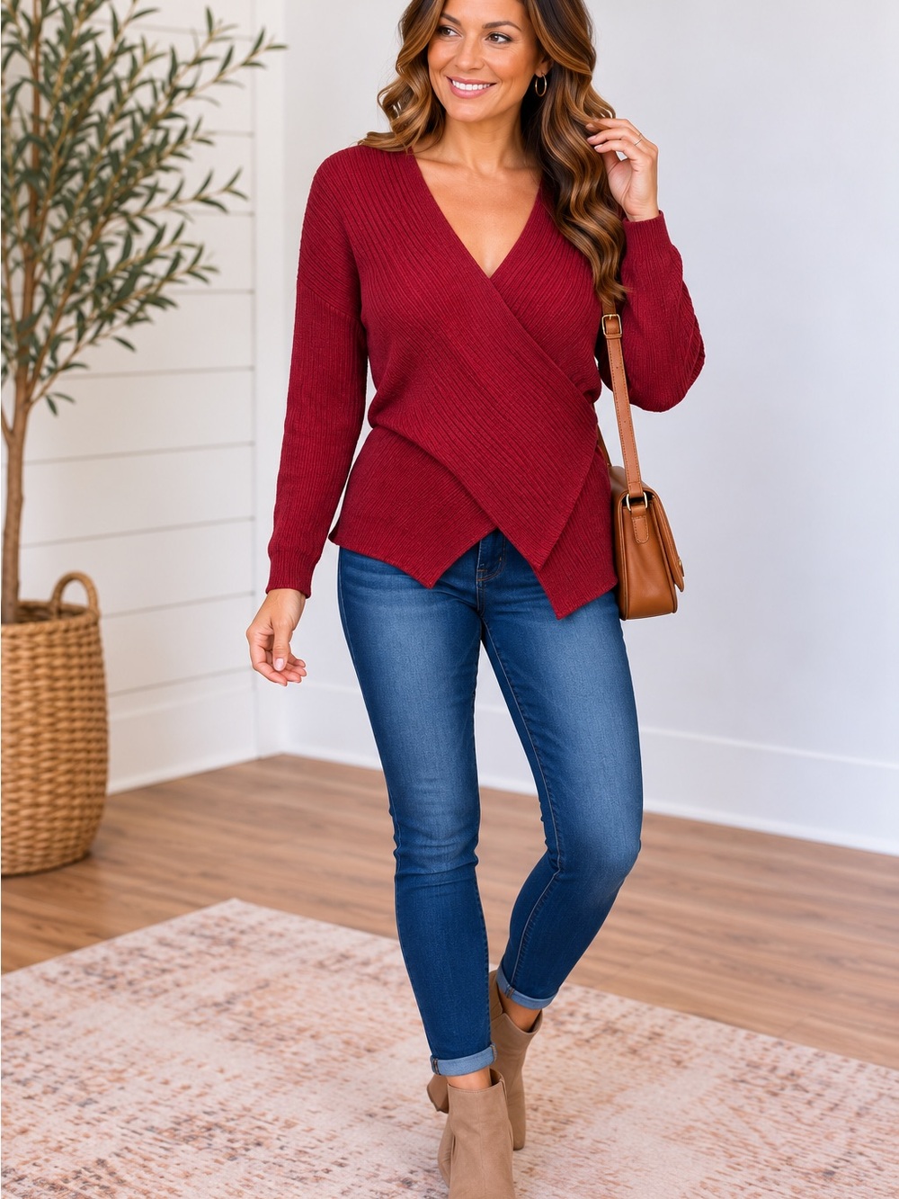 New York & Company Burgundy Wrap V-Neck Sweater